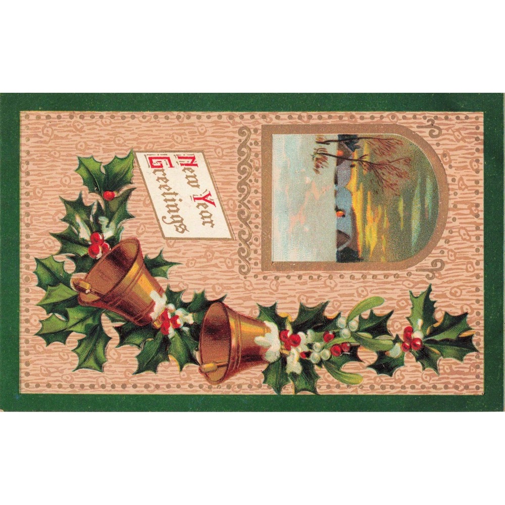 Antique New Year Greetings Postcard United Art Publishing Co Holly Bells Germany - Picture 1 of 2